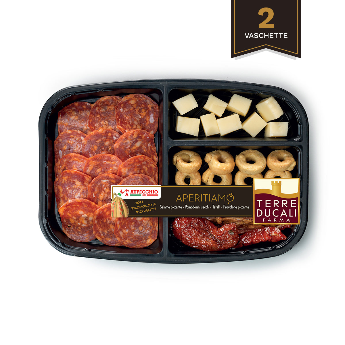 Aperitiamo con salame piccante, Auricchio, taralli e pomodori secchi - 2 vaschette da 150gr