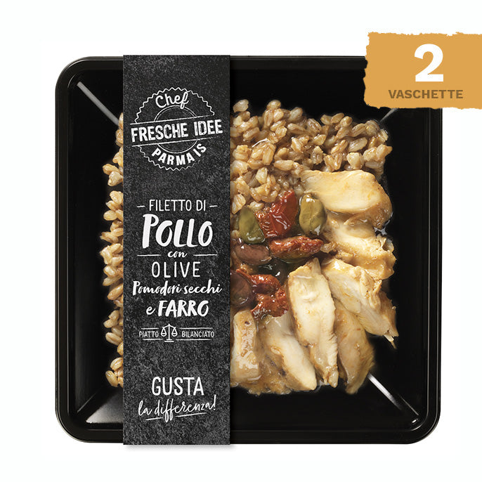 Filetto di pollo con Olive, pomodori secchi e farro - 2 vaschette da 250gr
