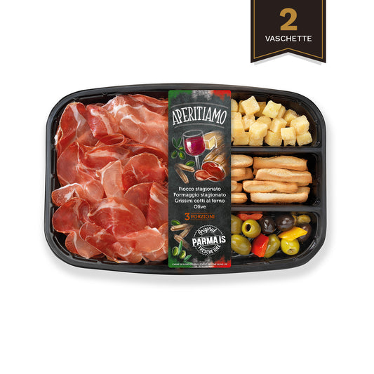 Aperitiamo con fiocco, formaggio, olive e grissini - 2 vaschette da 150gr